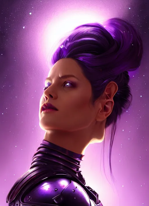Prompt: top down lighting, extreme close up, stunning portrait of a woman in purple leather future armor with a long black ponytail, with space and stars around her, spaceship hallway, intricate, mood lighting, highly detailed, digital painting, artstation, concept art, smooth, sharp focus, illustration, art by wlop, mars ravelo and greg rutkowski