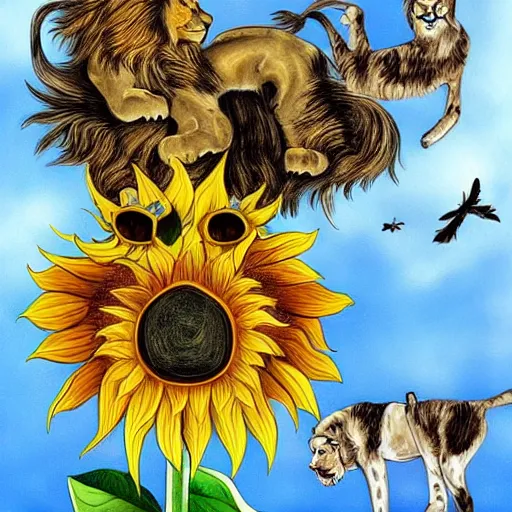 Image similar to lions and sunflowers 🌻🌫 in the style of salvador dali