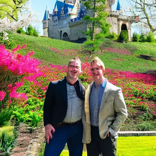 Prompt: two handsome knights in full body gilded plate armor having a secret rendezvous behind the castle, beautiful vibrant spring flowers and gentle warm afternoon light