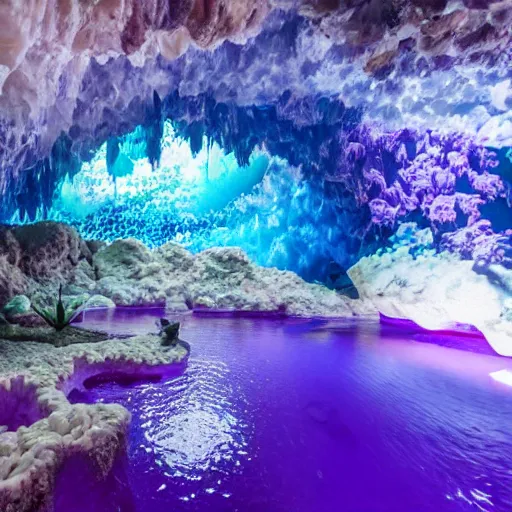 Prompt: photo inside an amethyst cave with a hot spring and coral reef