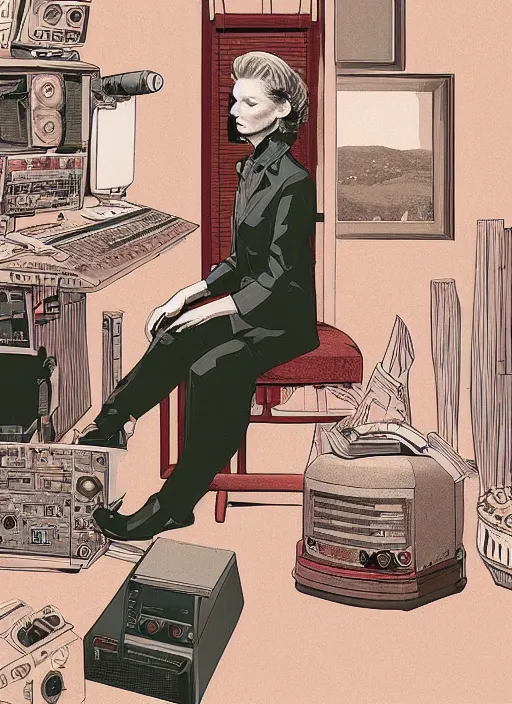 Prompt: Twin Peaks poster artwork, portrait of radio host Tilda Swinton hanging out in her studio radio sound booth, from scene from Twin Peaks by Michael Whelan, Bob Larkin and Tomer Hanuka, simple illustration, domestic, nostalgic, clean, full of details, by Makoto Shinkai and thomas kinkade, Matte painting, trending on artstation and unreal engine, New Yorker magazine cover