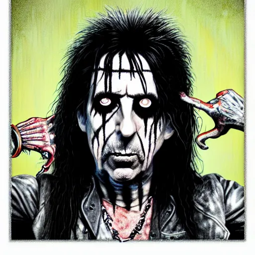 Image similar to graphic illustration, creative design, alice cooper as rob zombie, biopunk, francis bacon, highly detailed, hunter s thompson, concept art, mixed media