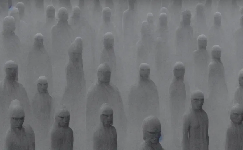 Image similar to screenshot of multiple grey Jedi statues by Zdzisław Beksiński, from 1970s star wars film thriller directed by Stanley Kubrick, iconic scene, 4k UHD still frame, windy hair, cinematic lighting, stunning cinematography, hyper detailed scene, anamorphic lenses, kodak color film stock