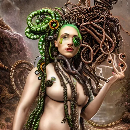 Prompt: photorealistic portrait of a steampunk gorgon medusa with borg implants and mechanical snakes coming out of her head. She is standing under a waterfall. very detailed, 8k