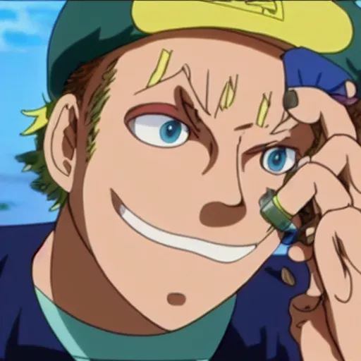 Image similar to A still of Jonah Hill with blonde hair wearing a tie dye t-shirt and a hat, smoking in One Piece Anime Series