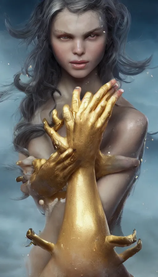 Image similar to epic masterpiece torment, drama, sweaty skin, hyperrealistic, octane render, cinematic, beautiful face and flawless skin, perfect hands, 5 fingers, gold by Ross Tran, Legends of Runeterra