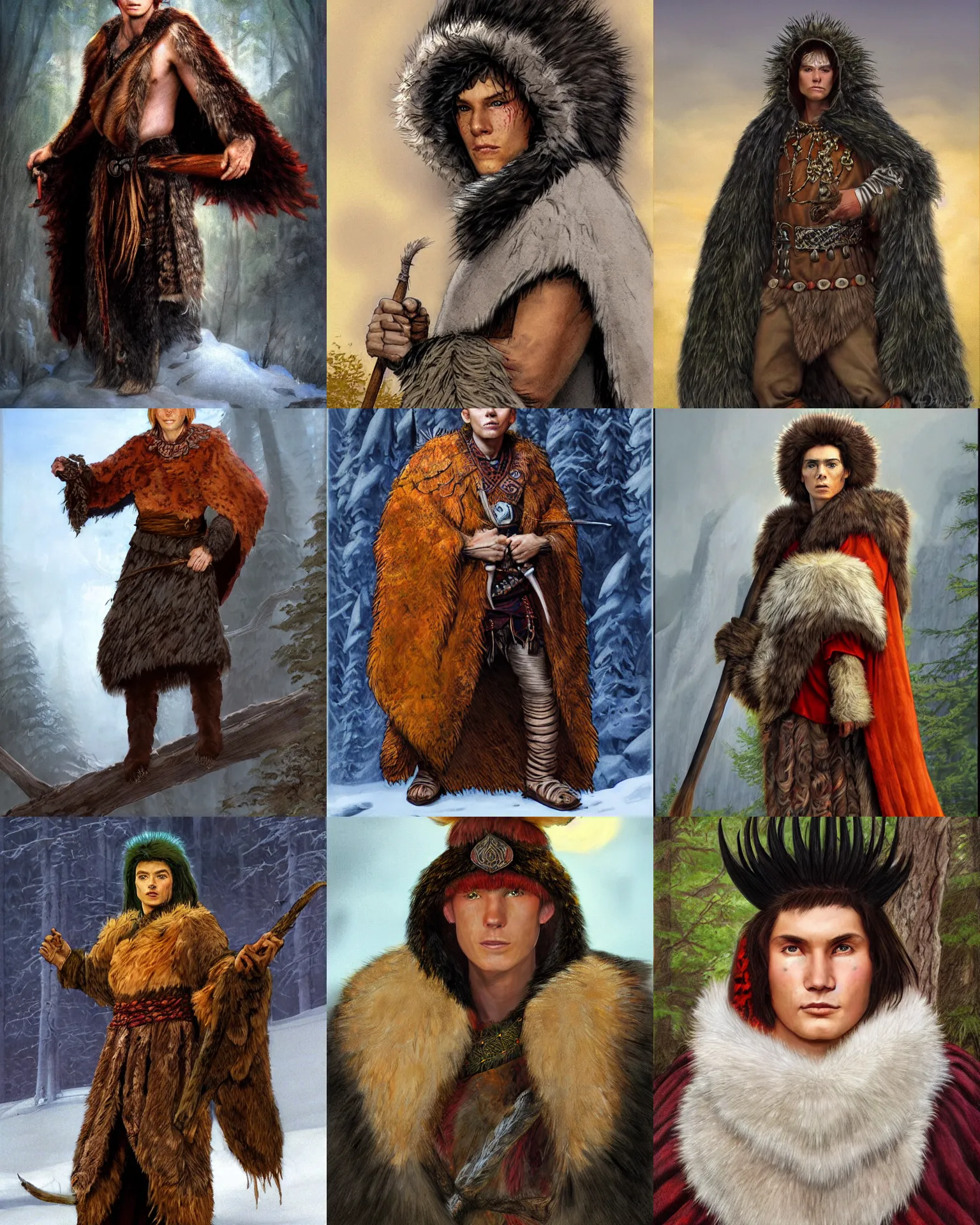 Prompt: Bjørn, a young male shaman wearing a bearskin cloak, portrait, D&D, fantasy, highly detailed, full-length portrait, digital painting, sharp focus, illustration, art by larry elmore and greg rutkowski and frank frazetta. Colorized.