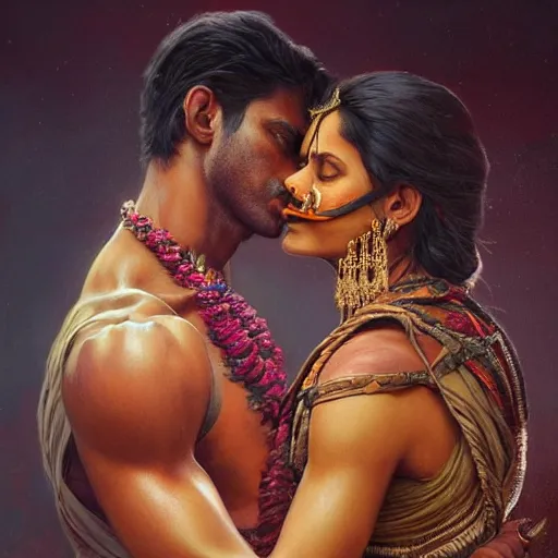 Image similar to portrait painting of dark muscular indian couple kissing, sari, ultra realistic, concept art, intricate details, eerie, highly detailed, photorealistic, octane render, 8 k, unreal engine. art by artgerm and greg rutkowski and alphonse mucha