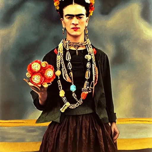 Image similar to frida kahlo with steampunk accessories.