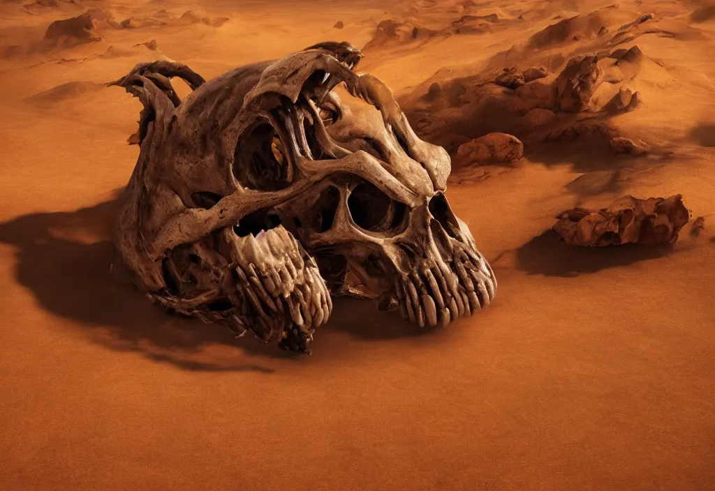 Image similar to eldritch animal alien skull in a dessert in mars, photorealistic, film, cinematic lighting, octane tender, volumetric light, dark - art