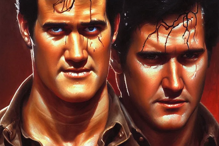 Prompt: portrait of young bruce campbell from evil dead as indiana jones in the temple of doom ( 1 9 8 4 ). oil painting elegant, highly detailed, centered, digital painting, artstation, concept art, smooth, sharp focus, illustration, artgerm, tomasz alen kopera, peter mohrbacher, donato giancola, joseph christian leyendecker drew struzan