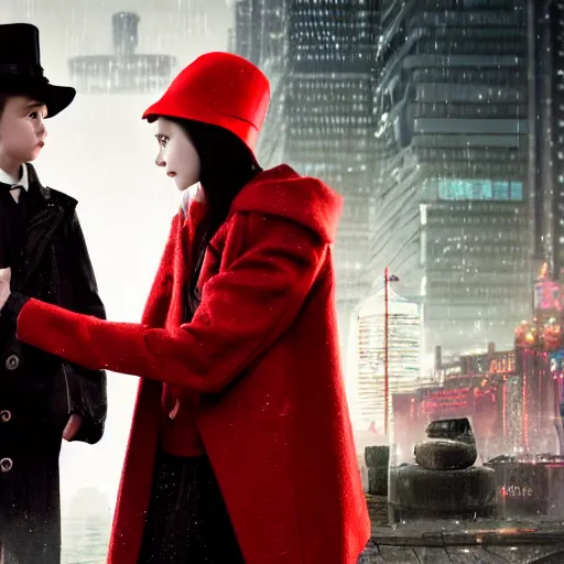 Prompt: a highly detailed epic cinematic concept art, cyberpunk, a thin man in a black coat and bowler hat talks with small young girl who is dressed in a red coat and a red hat, park, autumn, high detail, width 768