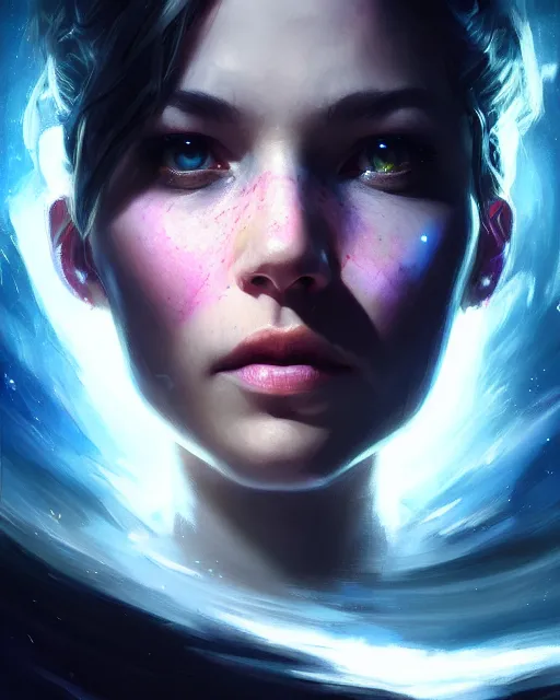 Image similar to epic portrait cinematic shot an giant female face in space, dark, stars, glowing, glowing eyes, fine details. night setting. realistic shaded lighting poster by craig mullism, artgerm, jeremy lipkin and michael garmash, unreal engine, radiant light, detailed and intricate environment, digital art, trending on art station,