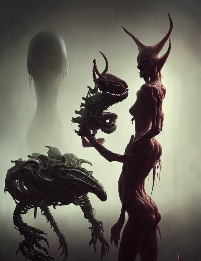 Prompt: ultra realist muted colors horror painting of a dimly lit attractive alien female next to a hellish creature, very intricate details, focus, model pose, full frame image, artwork by tooth wu and wlop and beeple and greg rutkowski, award winning