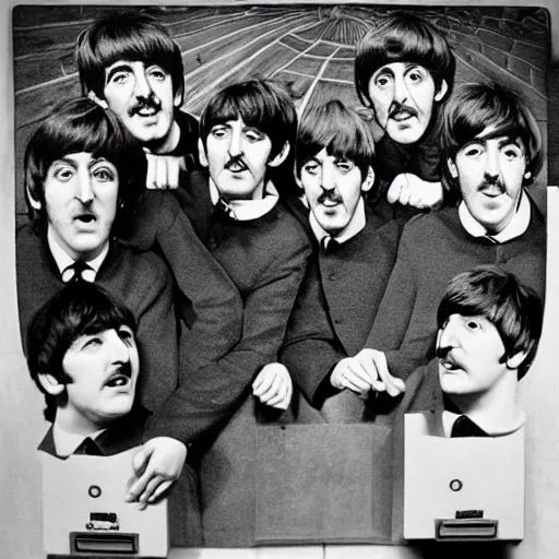 Image similar to portrait of The Beatles performing in studio except they are actual bees with faces like bees