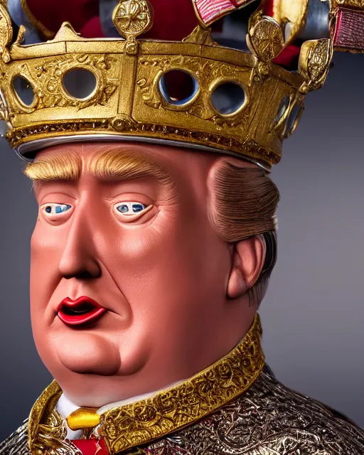 Image similar to highly detailed closeup, face profile portrait of a tin toy donald trump as king henry viii, depth of field, fashion photoshoot by nicoletta ceccoli, mark ryden, lostfish, dan decarlo, bob clampett, max fleischer, breathtaking, detailed and intricate environment, 8 k resolution, hyperrealistic, octane render