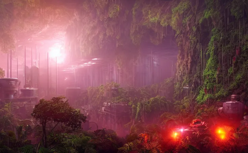 Image similar to a beautiful render of a sci - fi military industrial facility localized in a jungle cave, lush flora, patches of yellowish - red - magenta sky, sunset lighting, intricate detail, hazy, humid, volumetric lighting, god rays, 8 k, photorealistic, raytracing effects, rtx on