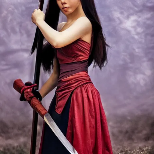 Prompt: dslr photo of beautiful erza scarlet wearing a elegant dress with asian and russian facial features, standing holding a katana that is very detailed, portrait photo, real photo, real camera, extreme detailed face and body, high quality, moody lighting, fast paced lines, sharp quality, artgem, enchanting lighting, 8 k, art by alphonse mucha and greg rutkowski