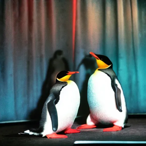 Image similar to two penguins in disco nightclub, ektachrome,
