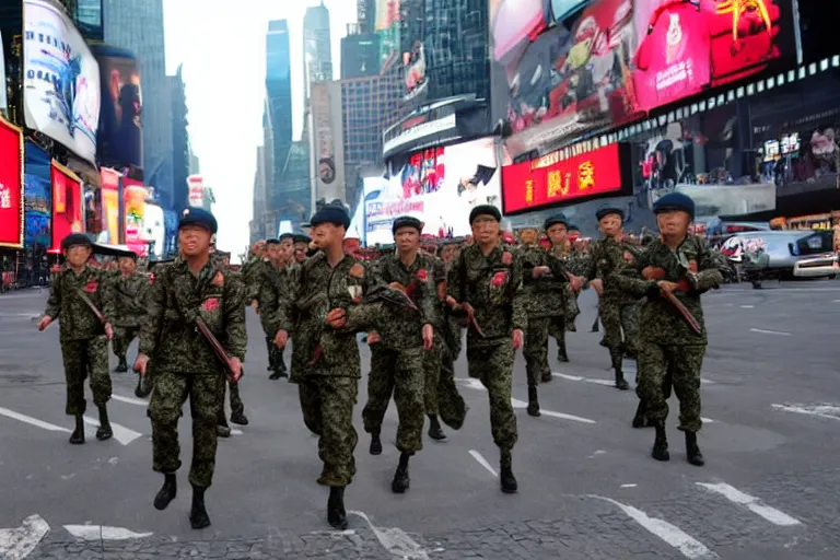 Prompt: chinese army fighting on time square