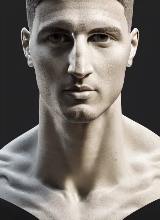 Prompt: a statue made of white marble with gold veins, of klay thompson, transhumanism, full body shot, perfect symmetrical body, perfect symmetrical face, hyper realistic, hyper detailed, by johannen voss, by peter kemp, by monia merlo, by michelangelo, octane render, blender, 8 k