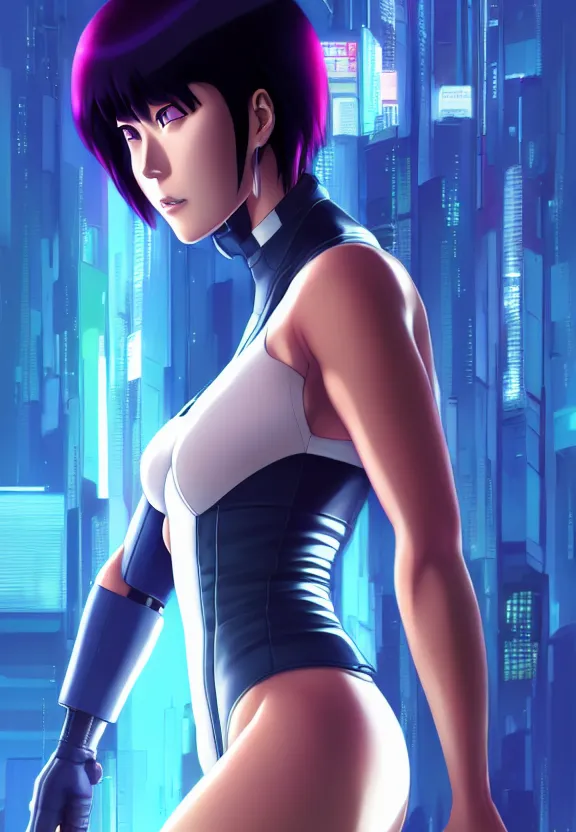 Image similar to a fullbody portrait of motoko kusanagi the major ghost in the shell : : stand alone complex, under repairs, maintenance : : by ilya kuvshinov, rossdraws, artgerm, sola digital arts, anti aliasing, raytracing : :