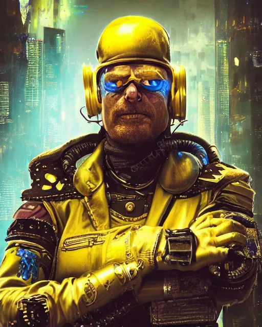 Prompt: an intimate portrait of a gnarly human cyberpunk captain, old skin, faded bicorne, charming, strong leader, metal eye piece, a look of cunning, big smile, detailed matte fantasy painting, golden cityscape, lasers, sparks, yellow and blue and cyan