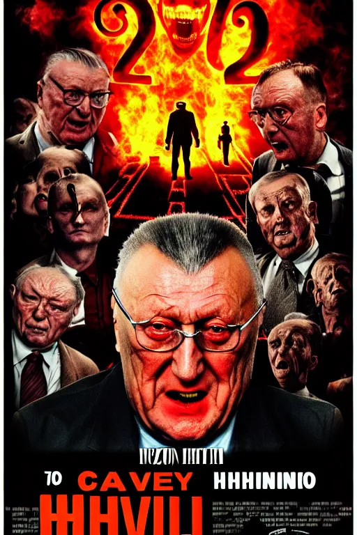 Image similar to movie poster, zhirinovsky in hell, scary poster in color, poster in 4 k