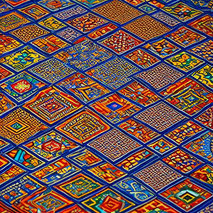 Image similar to hyper realistic wide shot of very detailed and colorful intricate perfectly tiling african geometric patterned tiles, flat lighting, top - down photograph, canon eos r 3, iso 2 0 0, 1 / 1 6 0 s, 8 k, raw, unedited, in - frame