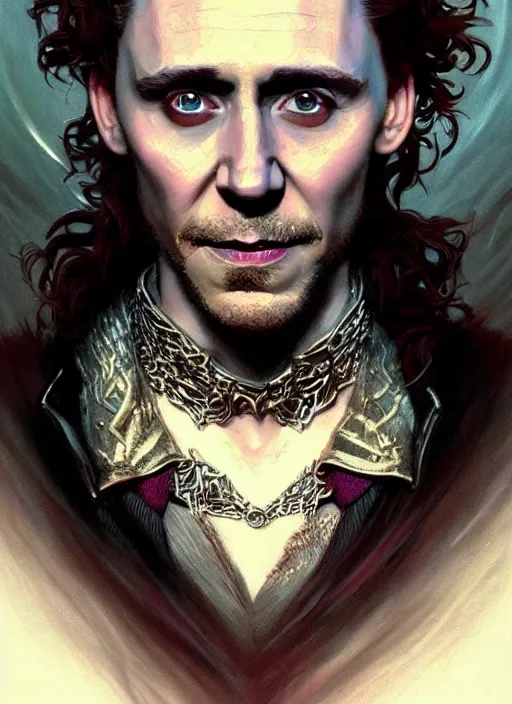 Image similar to portrait of tom hiddleston as a vampire lord, jewelry, intricate, headshot, highly detailed, digital painting, artstation, concept art, sharp focus, cinematic lighting, illustration, art by artgerm and greg rutkowski, alphonse mucha, cgsociety