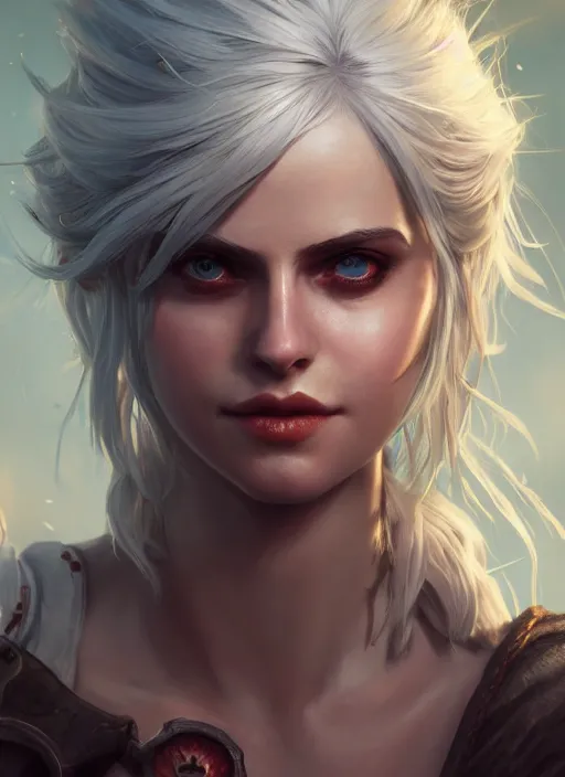 Image similar to ciri, from league of legends, hyper detailed, digital art, trending in artstation, cinematic lighting, studio quality, smooth render, fluorescent skin, unreal engine 5 rendered, octane rendered, art style by klimt and nixeu and ian sprigger and wlop and krenz cushart