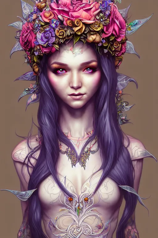 Image similar to digital art, centered full body elven bride, vivid flower crown ,intricate, veins, by James Jean and by artgerm, by ross tran , ultradetailed, charachter design, concept art, trending on artstation,