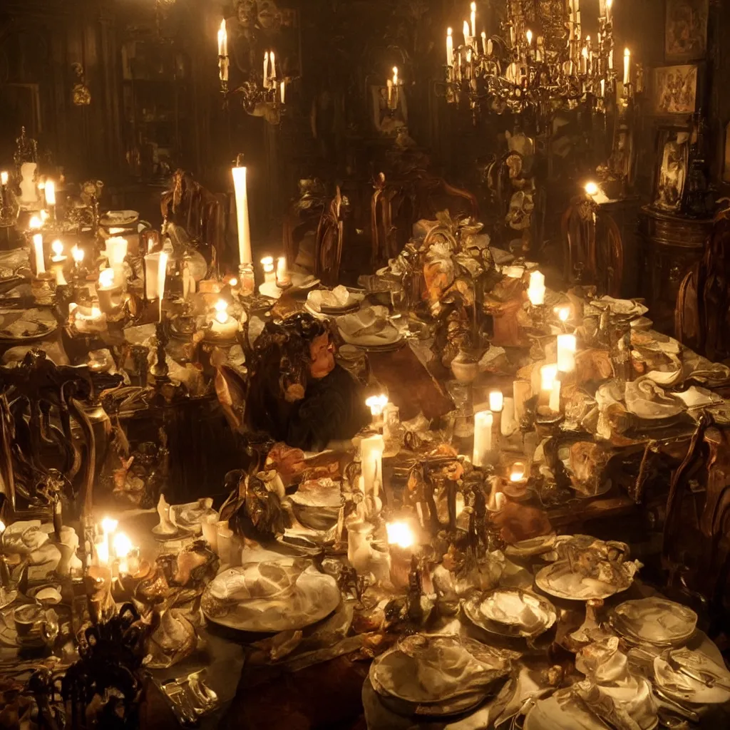 Prompt: dining room of a dark mansion, leftover food, candle lighting, realistic, highly detailed, guillermo del toro