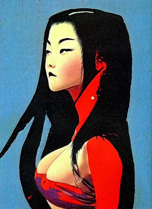 Image similar to portrait of mighty korean vampiress, jeweled veil, strong line, saturated color, beautiful! coherent! by frank frazetta, high contrast, minimalism