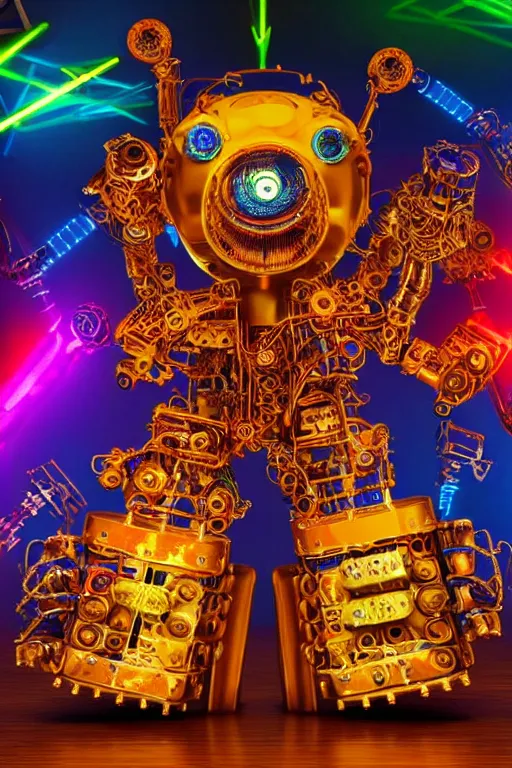 Image similar to portrait photo of a giant huge golden and blue metal steampunk robot covered with multicolored guitars and gears and tubes, eyes are glowing red lightbulbs, shiny crisp finish, 3 d render, 8 k, insaneley detailed, fluorescent colors, background is multicolored lasershow