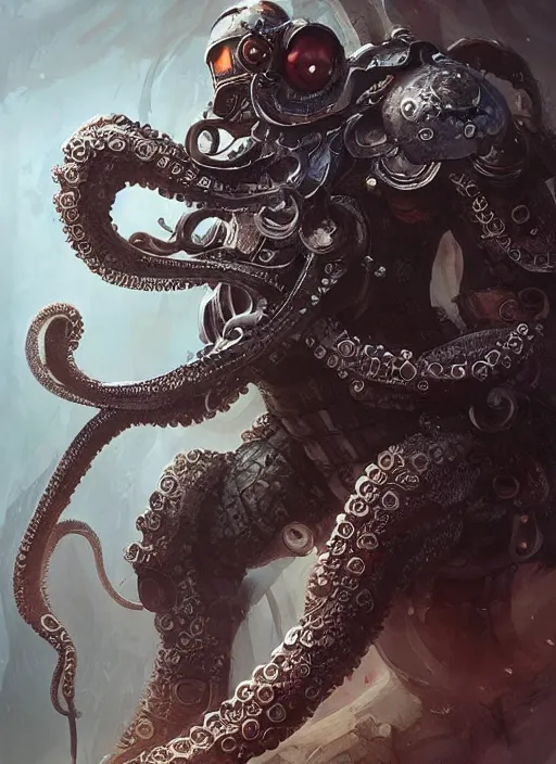 Prompt: An octopus wearing medieval knights armor but at the same time looking cyberpunk, intricate, elegant, digital painting, concept art, smooth, sharp focus, illustration, from StarCraft by Ruan Jia and Mandy Jurgens and Artgerm and William-Adolphe Bouguerea