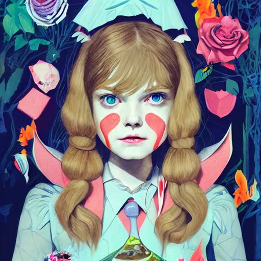 Prompt: Elle Fanning in Alice in Wonderland picture by Sachin Teng, asymmetrical, dark vibes, Realistic Painting , Organic painting, Matte Painting, geometric shapes, hard edges, graffiti, street art:2 by Sachin Teng:4