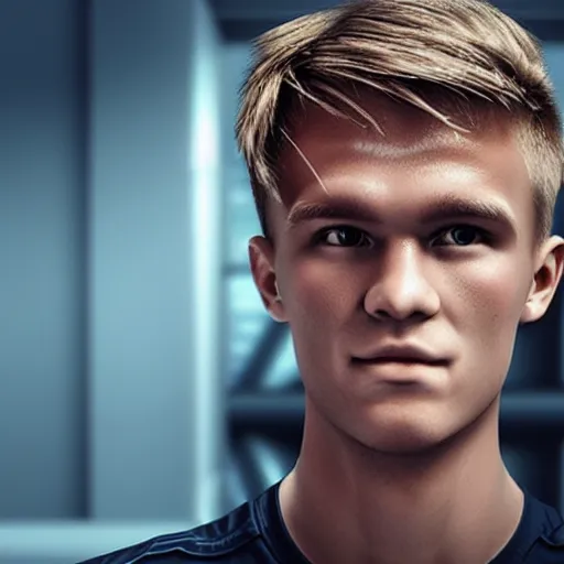 Prompt: a realistic detailed photo of a guy who is an attractive humanoid who is half robot and half humanoid, who is a male android, soccer player martin ødegaard, shiny skin, posing like a statue, blank stare, in a bed room, on display