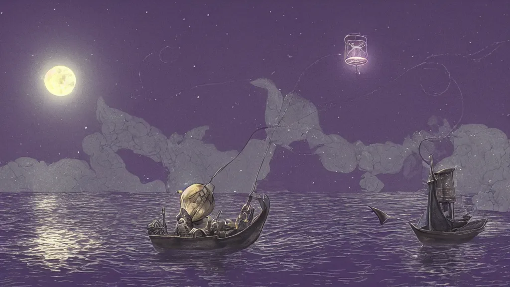 Image similar to a giant anglerfish at the surface of the water meets a sailor with a lantern on a sloop, background with large full moon and purple sky, intricate, accurate details