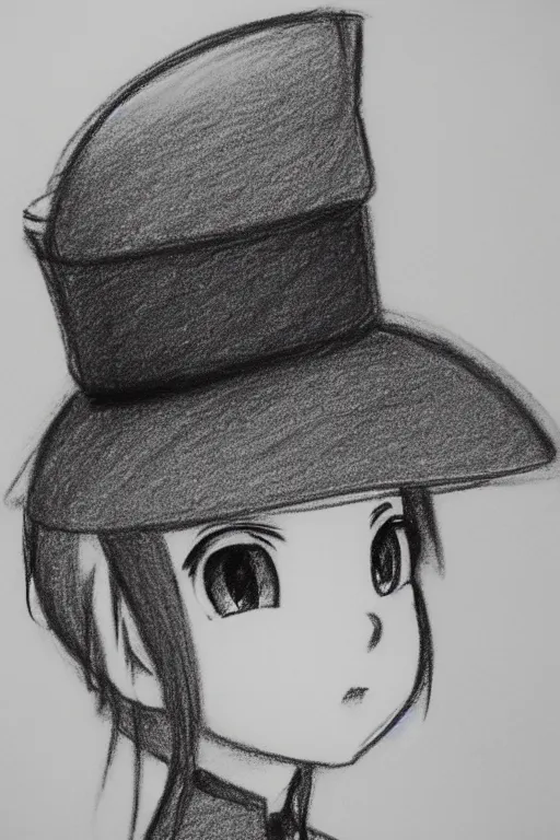 Image similar to cute loli in a tall grey top hat, face profile, pencil sketch, gray scale, anime style