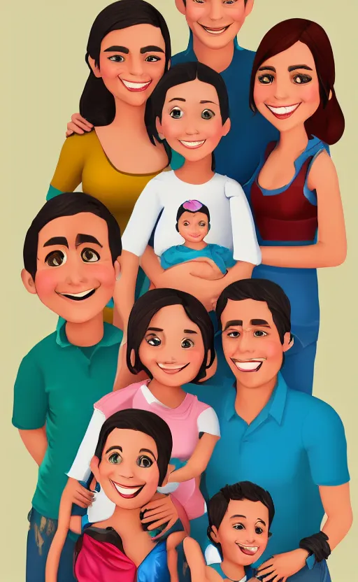 Image similar to a front view family portrait of a smiling hispanic pregnant lady illustration, trending on artstation