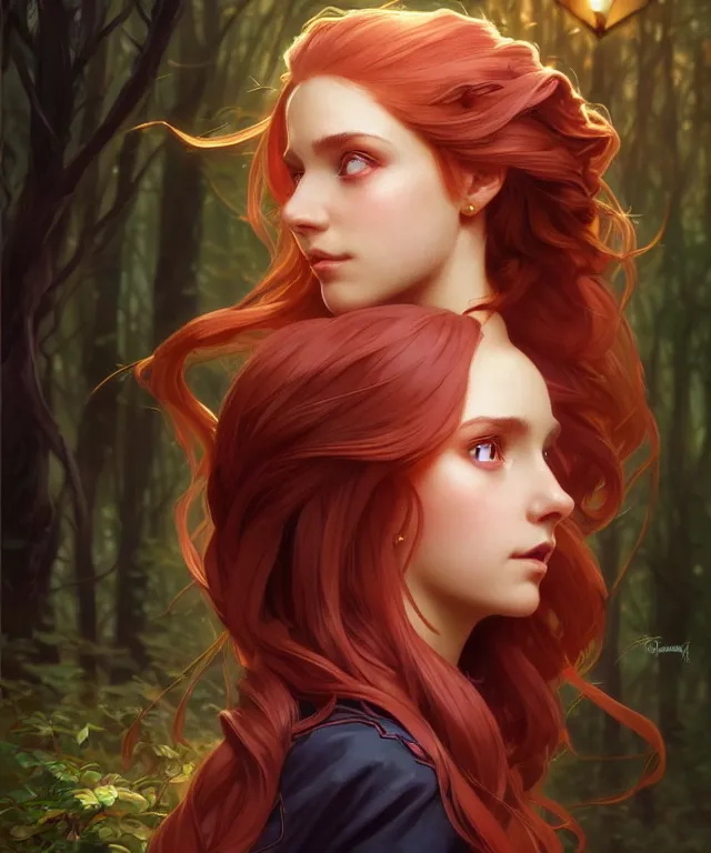 Image similar to side portrait cute female, magic school uniform, fantasy forest landscape, dnd fantasy magic, long red hair, cinematic rim light, intricate, elegant, highly detailed, digital painting, artstation, concept art, smooth, sharp focus, illustration, art by artgerm and greg rutkowski and alphonse mucha