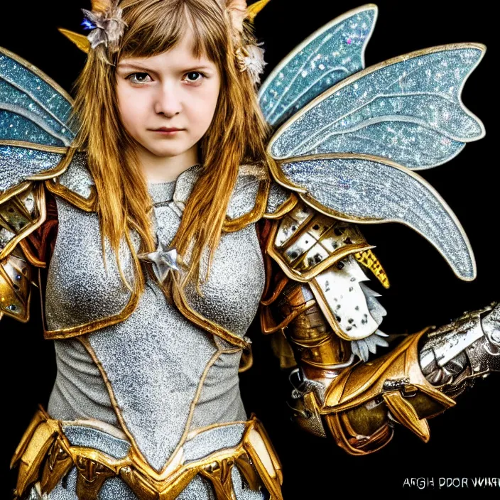 Image similar to full body photo of a fairy warrior wearing sparkly armour, highly detailed, 4 k, hdr, smooth, sharp focus, high resolution, award - winning photo