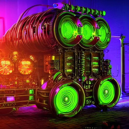 Prompt: album art, tripmachine, album is called tripmachine, photo of a huge futuristic dieselpunk generator inside a steampunk machinery, 8 k, fluorescent colors, halluzinogenic, multicolored, exaggerated detailed, front shot, 3 d render, octane