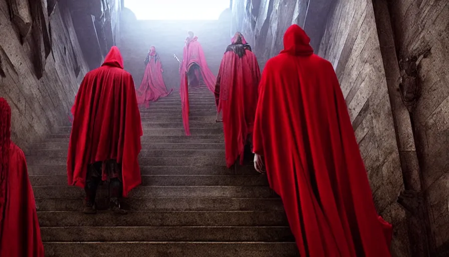 Image similar to figures in red cloaks ascend huge creepy fantasy stairs, cinematic, movie still, art by ruan jia and albert voidstar