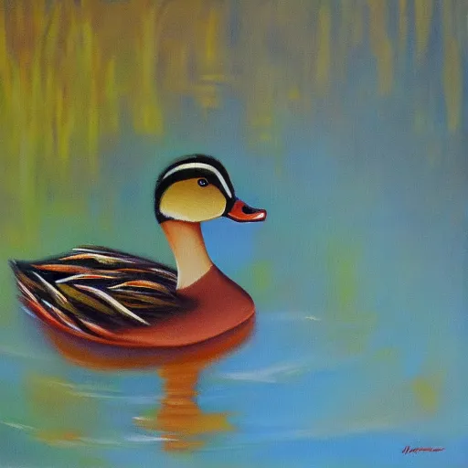 Prompt: a duck on the prowl oil painting Marina Pallares