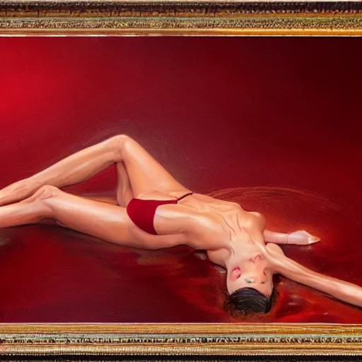Prompt: Emily Ratajkowski full body laying in a blood red pool of water between a golden mirror frame, outside is space and inside the mirror frame is a beautiful landscape. physically accurate, dynamic lighting, intricate, elegant, highly detailed, digital painting, artstation, HR GIGER, Hieronymus Bosch, Francis Bacon, concept art, smooth, sharp focus, illustration, Hyperrealistic surreal 4K IMAX Rene Margritte intricate, elegant, highly detailed, digital painting, artstation, concept art, smooth, sharp focus, illustration, art by artgerm and greg rutkowski and alphonse mucha