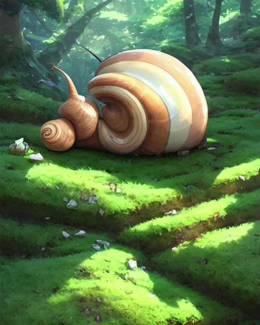 Image similar to a cute large snail with a shell made of stone and moss, lush aspen forest, great detail, epic composition, top down angle ， by makoto shinkai an krenz cushart