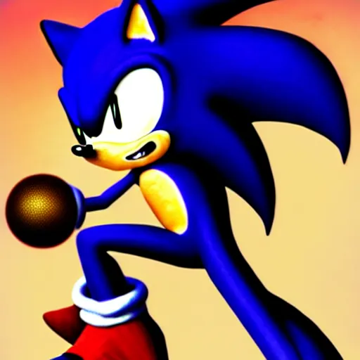 Prompt: a terrifying digital painting of sonic the hedgehog in the style of salvador dali, surrealist, spheres