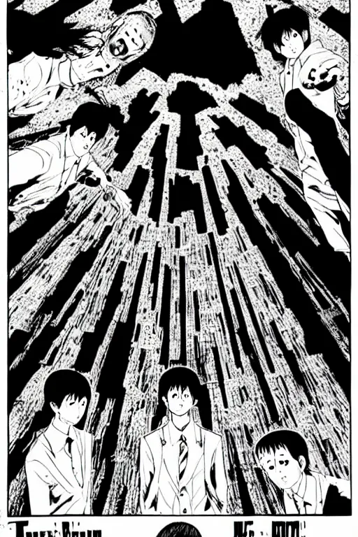 Prompt: Falling down a bottomless pit, manga, by Junji Ito